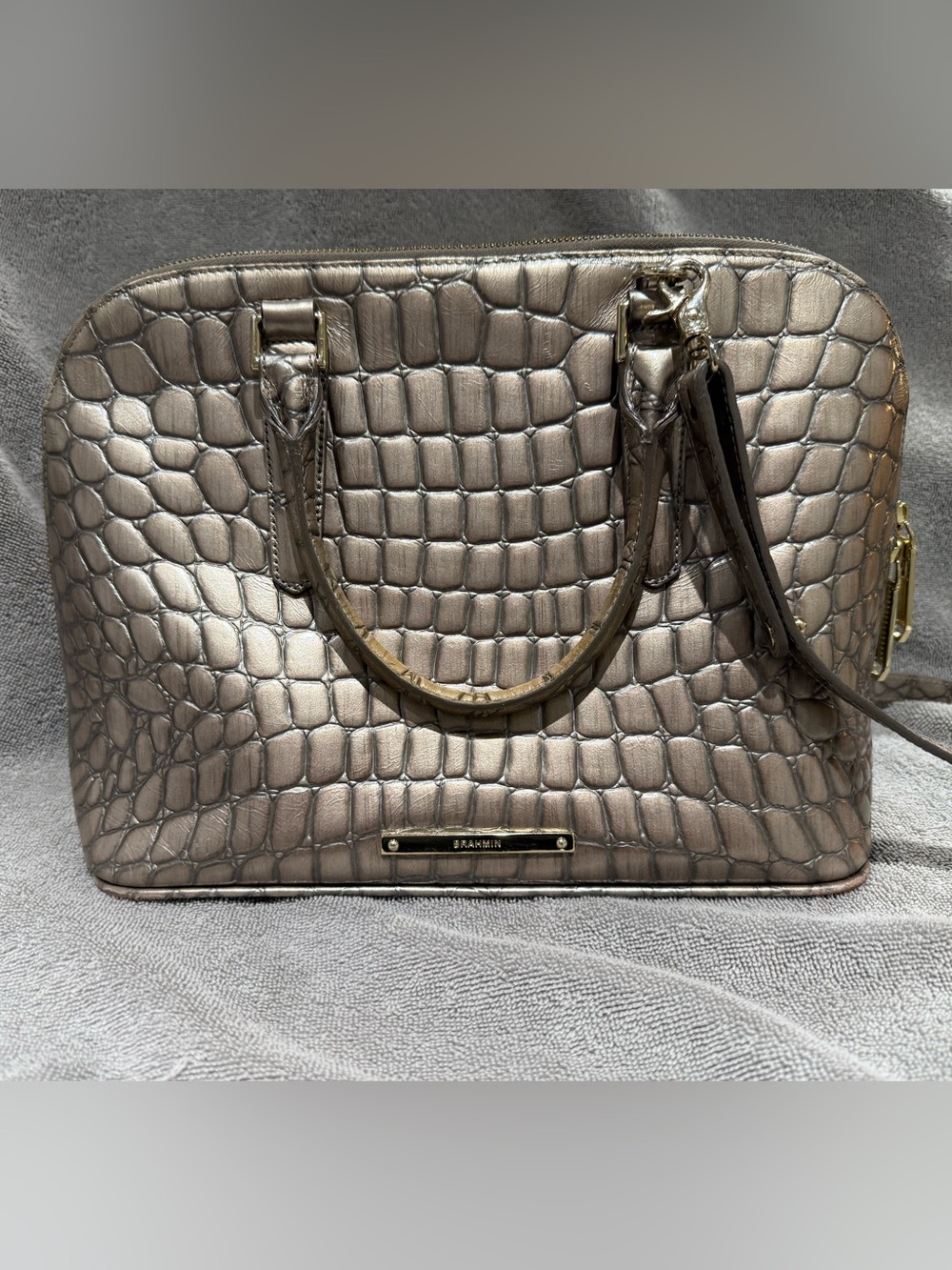 BRAHMIM | Metallic Taupe Croc-Embossed Satchel